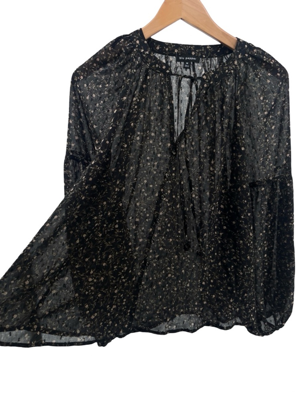 Blu Pepper Black Floral Sheer Blouse Ruffle Tie Neck Long Sleeve Boho Top - Picture 11 of 11
